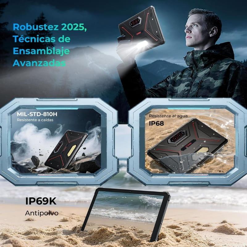 Hotwav R9 Ultra 11" rojo rugerizado; cuerpo robusto con esquinas reforzadas, cámara trasera triple, sellos IP68/IP69K y certificación MIL-STD-810H